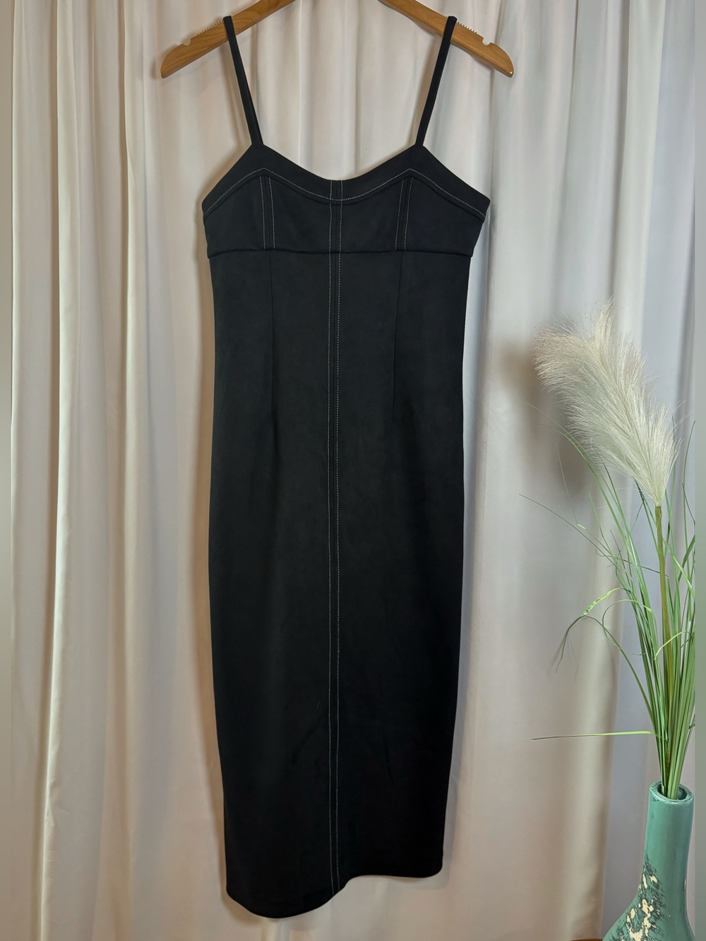 ZARA Black Faux Microsuede Midi Dress Contrasting Topstitching Size S